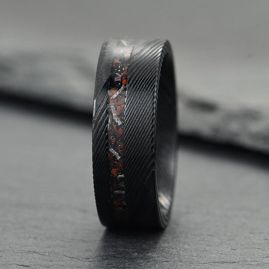 The Origin - Black Damascus Steel Ring With Crushed Meteorite & Dinosaur Bone (8mm)