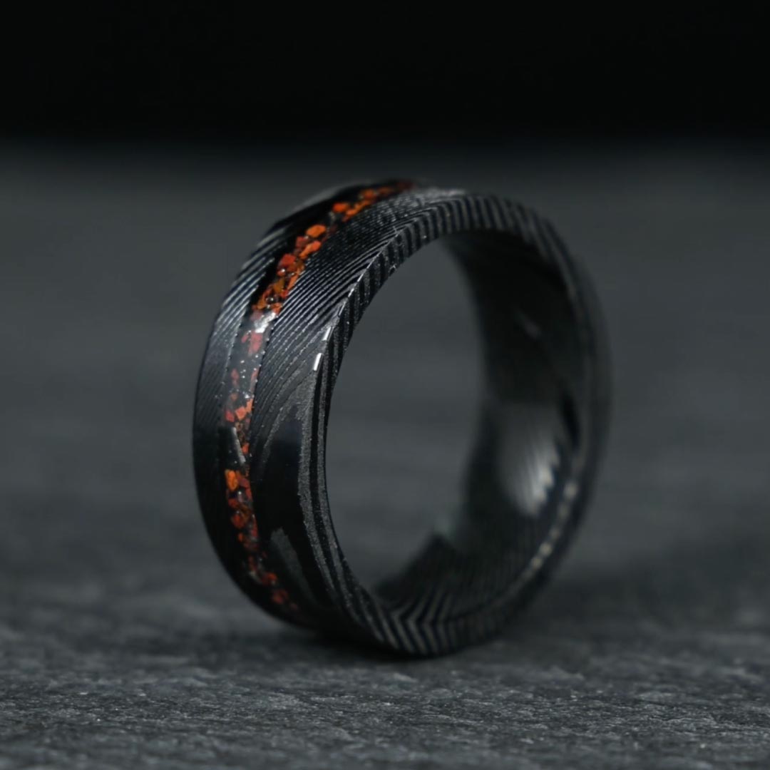 Men’s Damascus Wedding Ring - Black & Red With Crushed Meteorite & Dinosaur Bone Inlay - 8mm