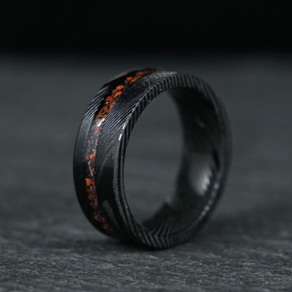 The Origin - Black Damascus Steel Ring With Crushed Meteorite & Dinosaur Bone (8mm)