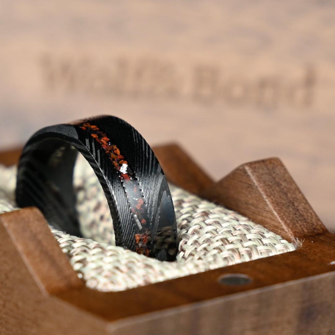 Men’s Damascus Wedding Ring - Black & Red With Crushed Meteorite & Dinosaur Bone Inlay - 8mm