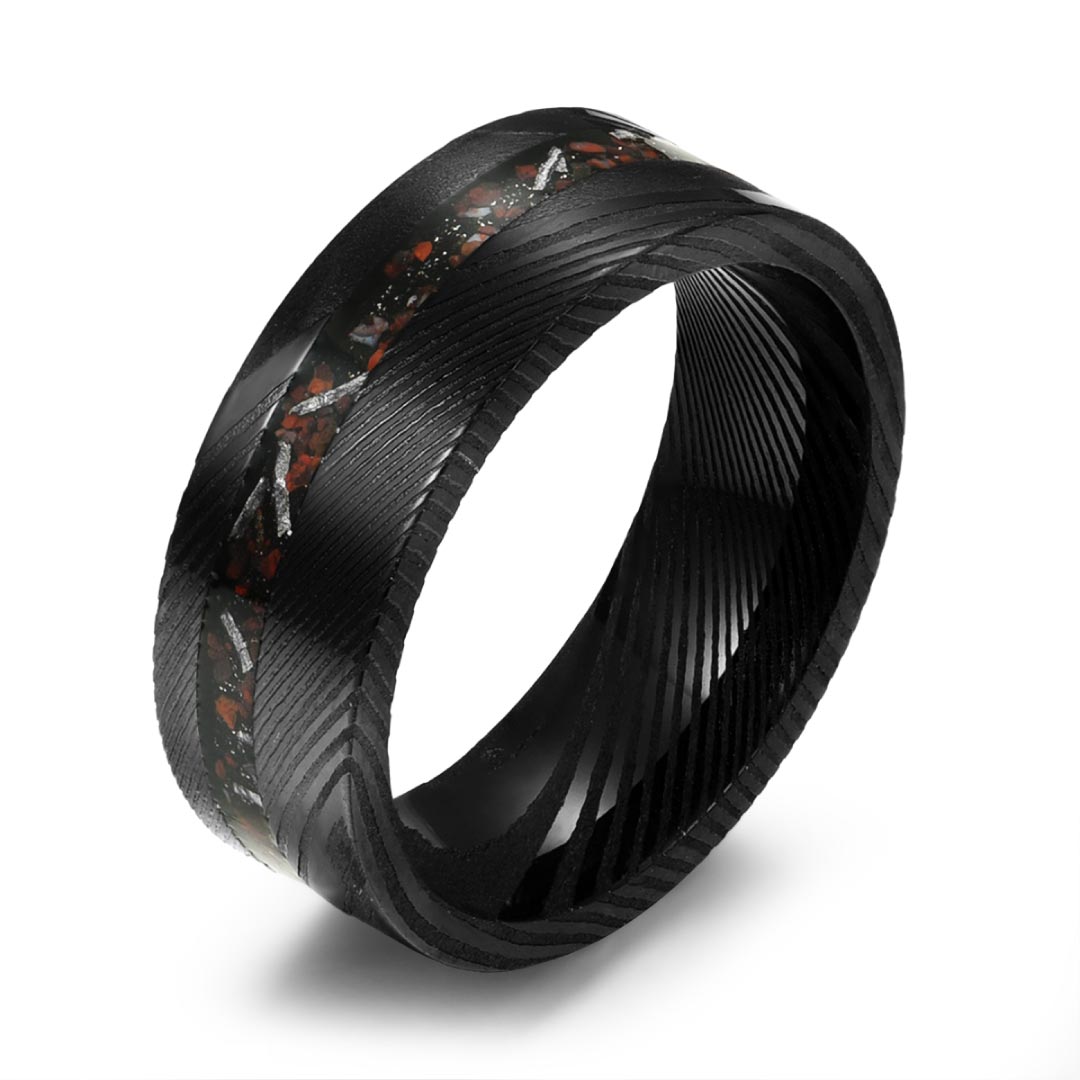 Men’s Damascus Wedding Ring - Black & Red With Crushed Meteorite & Dinosaur Bone Inlay - 8mm