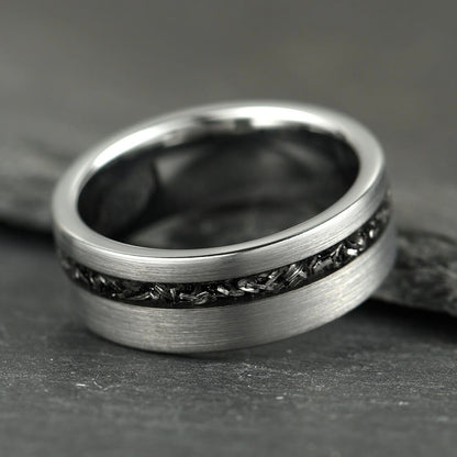 The Eclipse – Silver Smooth Tungsten Ring With Crushed Meteorite Inlay (8mm)