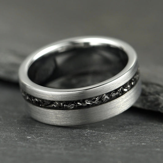 Men’s Tungsten Wedding Ring - Smooth Silver With Crushed Meteorite Inlay - 8mm