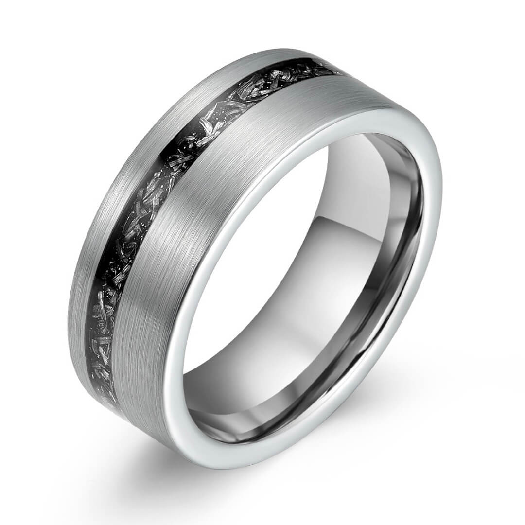 Men’s Tungsten Wedding Ring - Smooth Silver With Crushed Meteorite Inlay - 8mm