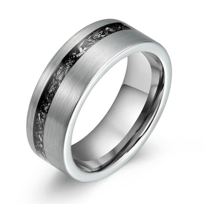 The Eclipse – Silver Smooth Tungsten Ring With Crushed Meteorite Inlay (8mm)