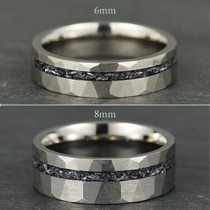 The Astra – Silver Hammered Titanium Ring With Crushed Meteorite (6mm, 8mm)