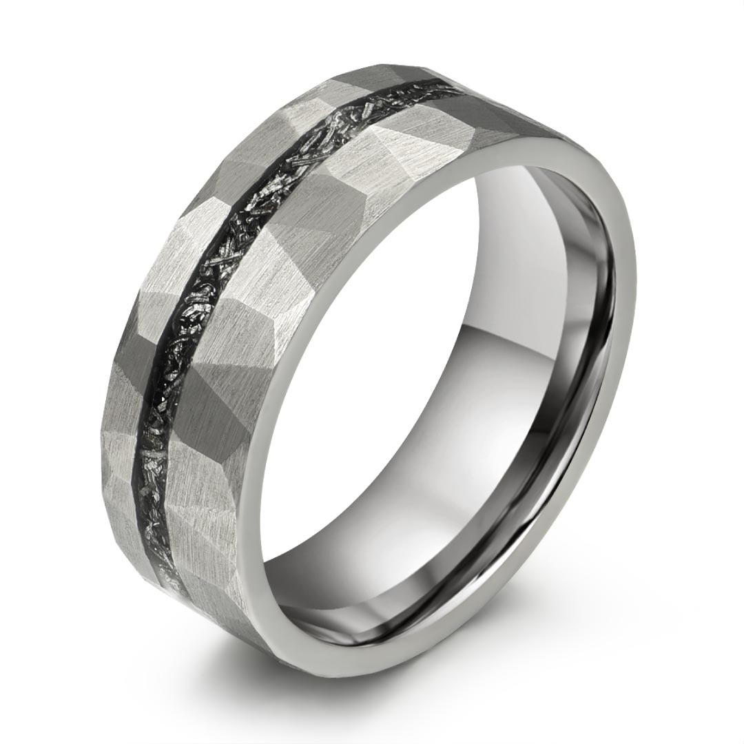 Men’s Titanium Wedding Ring - Silver Hammered & Brushed With Crushed Meteorite - 8mm