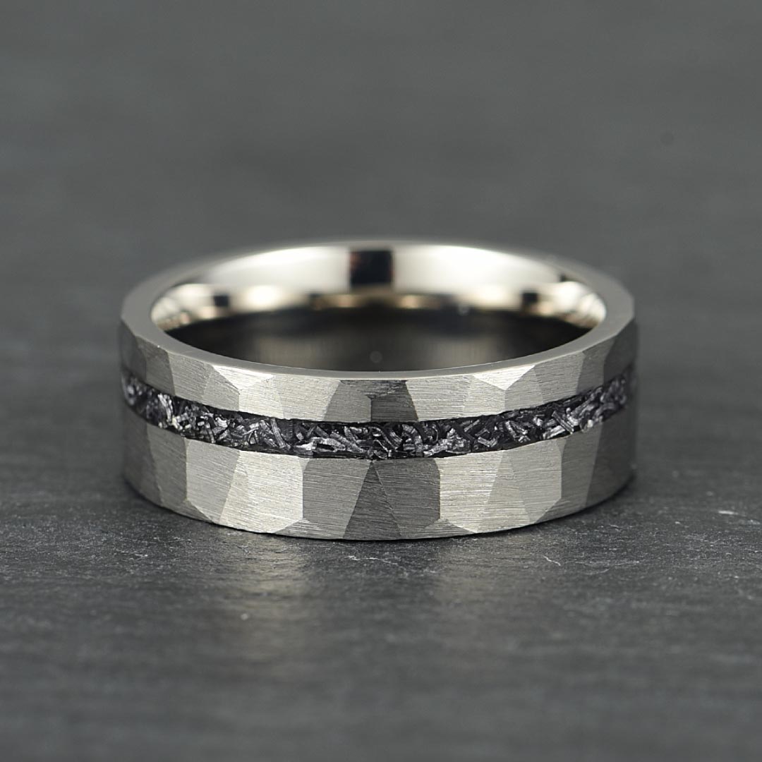 Men’s Titanium Wedding Ring - Silver Hammered & Brushed With Crushed Meteorite - 8mm