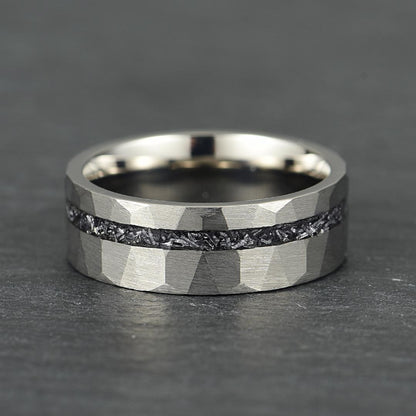 The Astra – Silver Hammered Titanium Ring With Crushed Meteorite (6mm, 8mm)