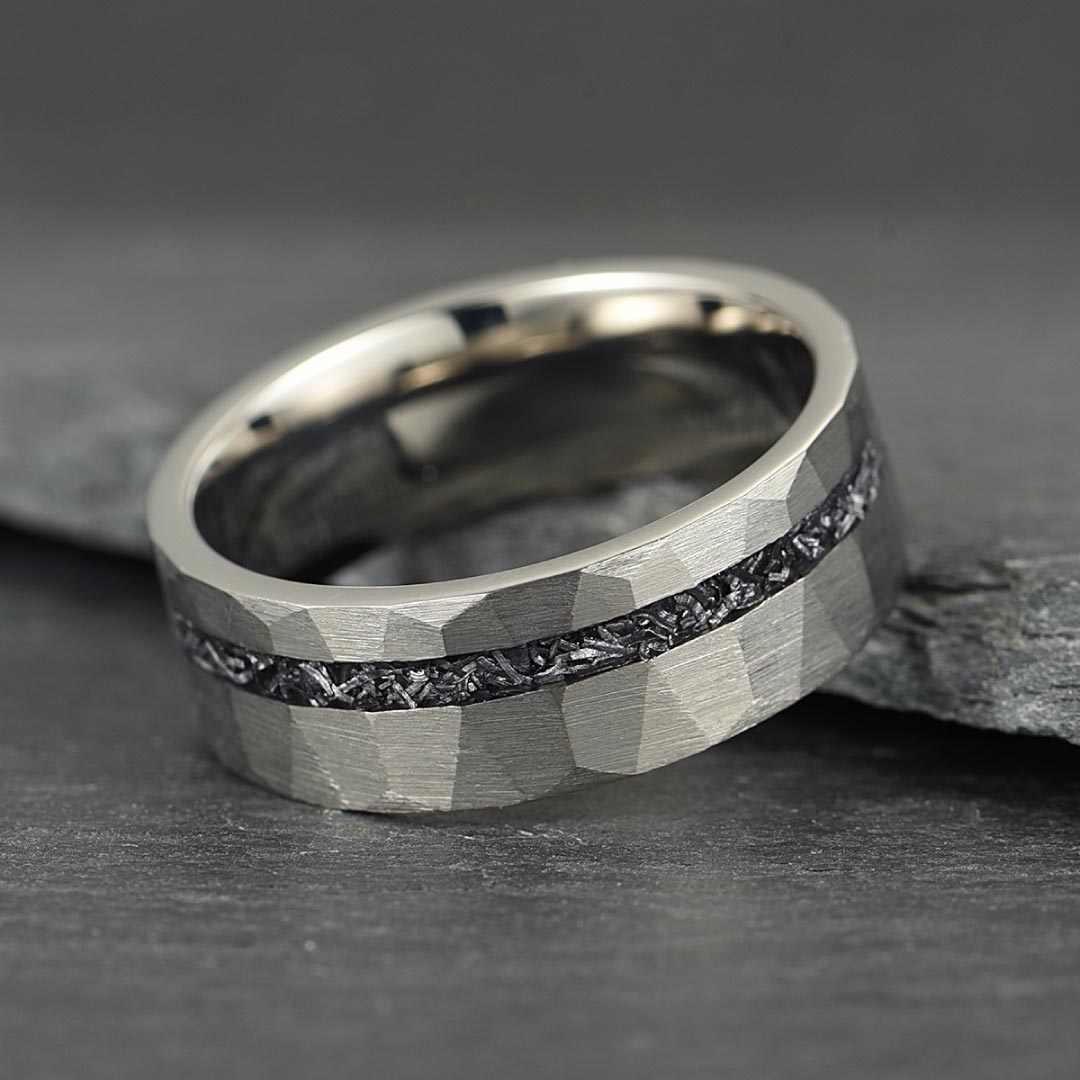 Men’s Titanium Wedding Ring - Silver Hammered & Brushed With Crushed Meteorite - 8mm