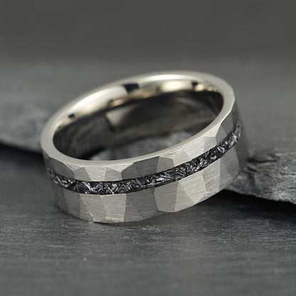 The Astra – Silver Hammered Titanium Ring With Crushed Meteorite (6mm, 8mm)