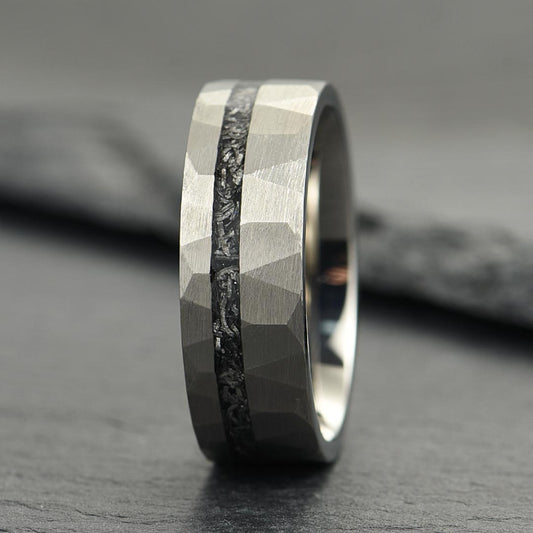 The Astra – Silver Hammered Titanium Ring With Crushed Meteorite (6mm, 8mm)