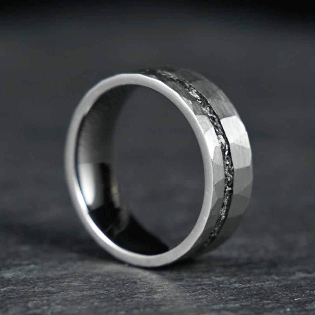 Men’s Titanium Wedding Ring - Silver Hammered & Brushed With Crushed Meteorite - 8mm