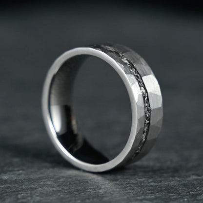The Astra – Silver Hammered Titanium Ring With Crushed Meteorite (6mm, 8mm)