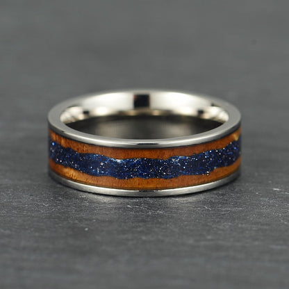 The Strata - Silver Titanium Ring With Sandstone & Wood (8mm)