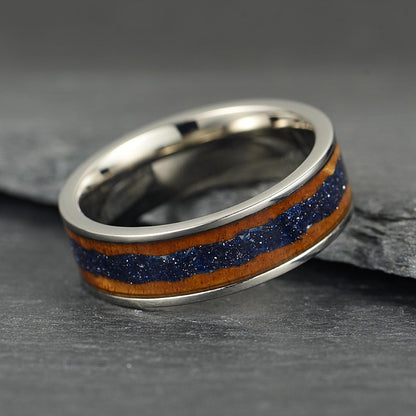 The Strata - Silver Titanium Ring With Sandstone & Wood (8mm)