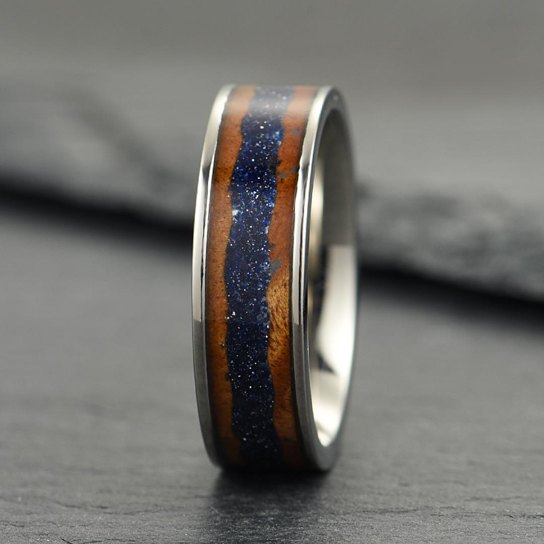 Men’s Titanium Wedding Ring - Silver With Sandstone and Wood Veneer Inlay - 8mm