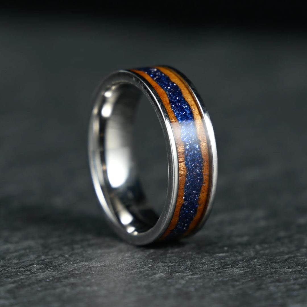 Men’s Titanium Wedding Ring - Silver With Sandstone and Wood Veneer Inlay - 8mm