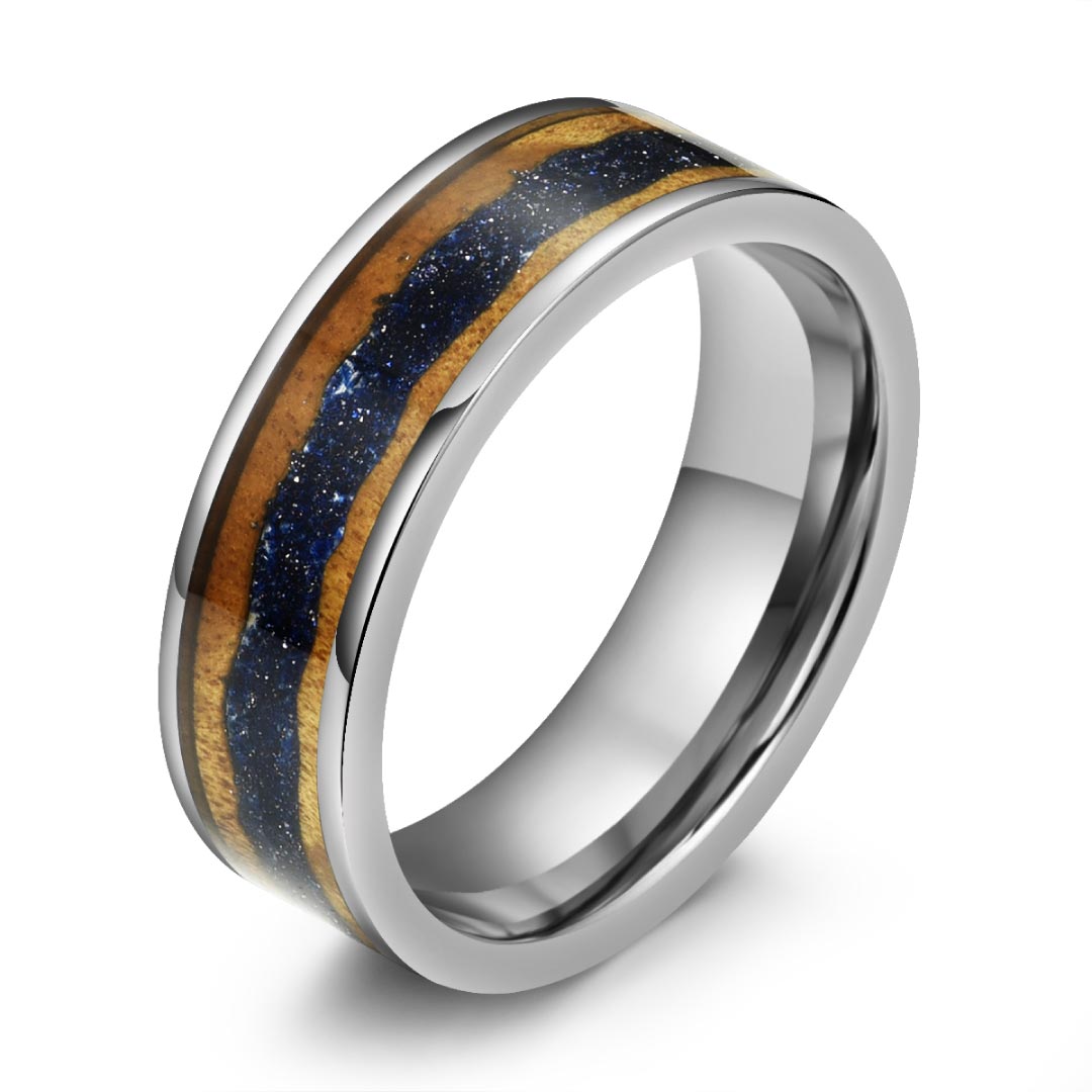 Men’s Titanium Wedding Ring - Silver With Sandstone and Wood Veneer Inlay - 8mm