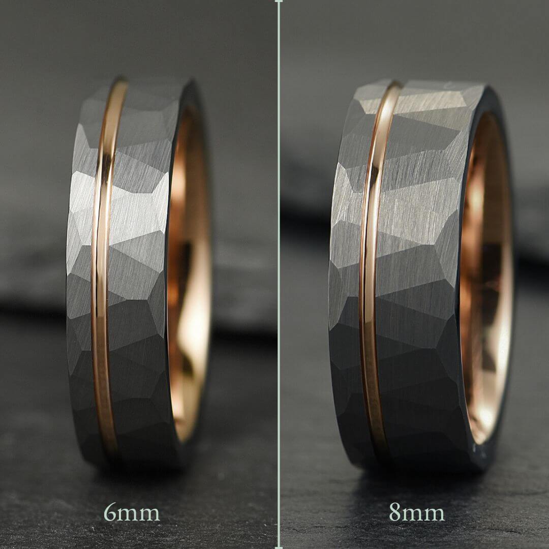 The Ember – Silver Tungsten Ring With Hammered Silver Finish & Rose Gold (6mm, 8mm)