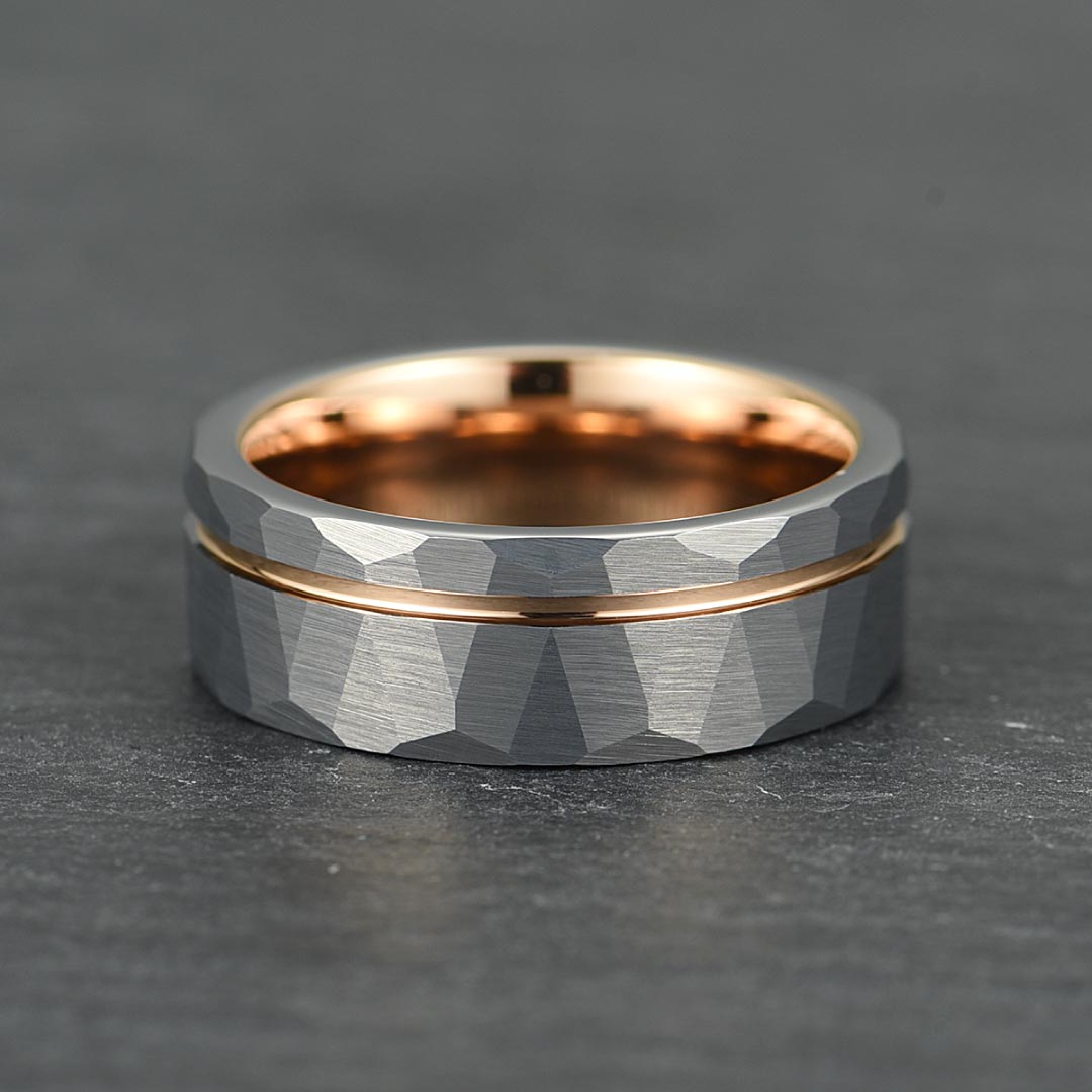 Men’s Tungsten Wedding Ring - Silver Hammered & Brushed With Rose Gold Inlay - 8mm