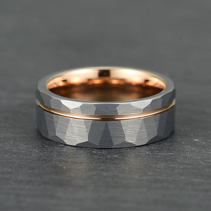The Ember – Silver Tungsten Ring With Hammered Silver Finish & Rose Gold (8mm)