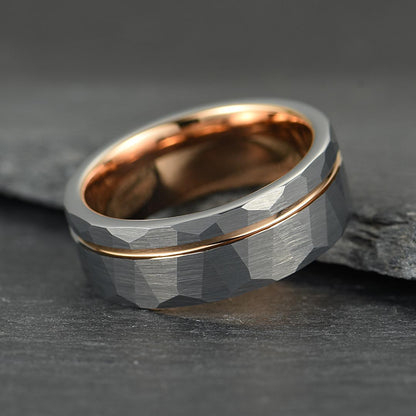 The Ember – Silver Tungsten Ring With Hammered Silver Finish & Rose Gold (8mm)