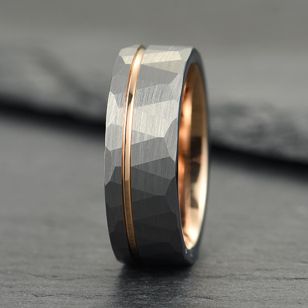 Men’s Tungsten Wedding Ring - Silver Hammered & Brushed With Rose Gold Inlay - 8mm