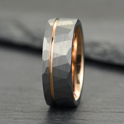 The Ember – Silver Tungsten Ring With Hammered Silver Finish & Rose Gold (8mm)