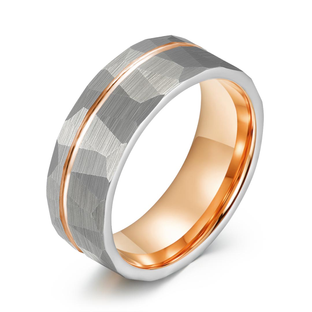 Men’s Tungsten Wedding Ring - Silver Hammered & Brushed With Rose Gold Inlay - 8mm