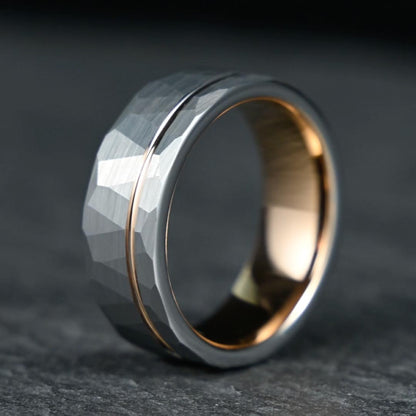 The Ember – Silver Tungsten Ring With Hammered Silver Finish & Rose Gold (8mm)