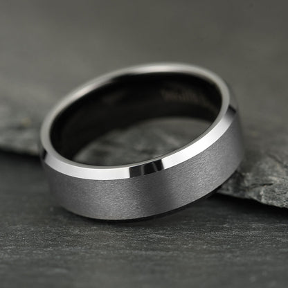 The Apex - Brushed Silver & Black Tungsten Ring (8mm)