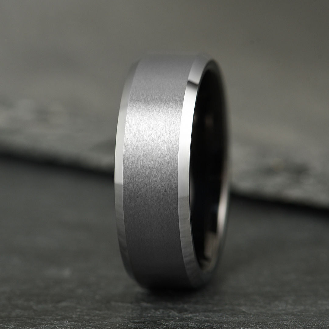 The Apex - Brushed Silver & Black Tungsten Ring