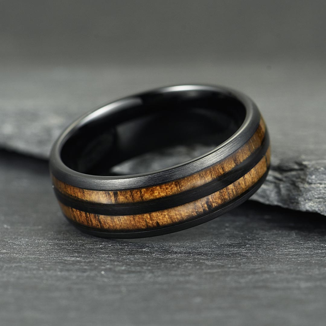 Men’s Tungsten Wedding Ring - Black With Walnut Wood Veneer Inlay - 8mm