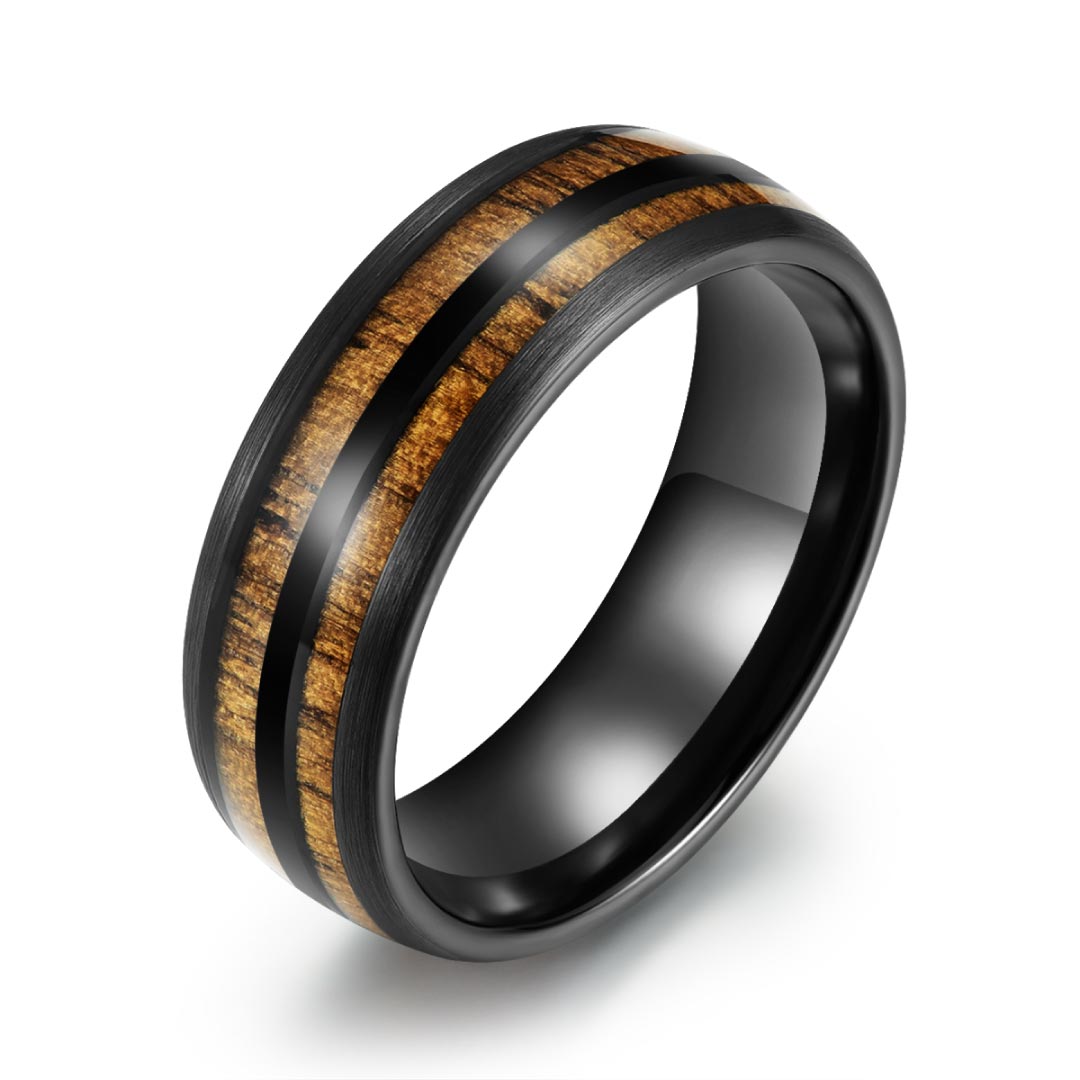 Men’s Tungsten Wedding Ring - Black With Walnut Wood Veneer Inlay - 8mm