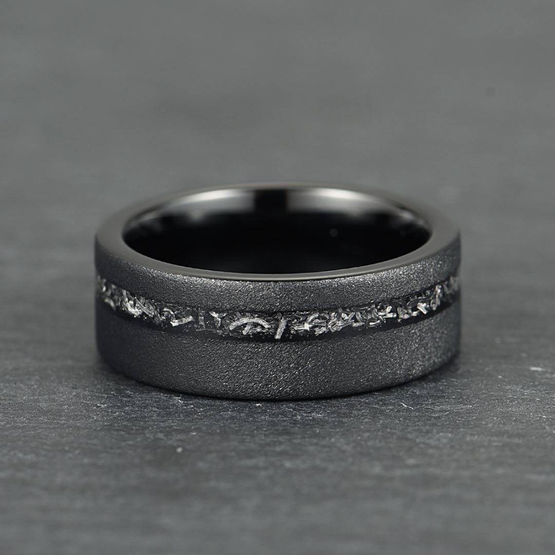 Men’s Tungsten Wedding Ring - Smooth Black With Crushed Meteorite Inlay - 8mm