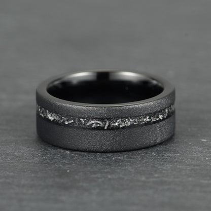 The Eclipse – Black Smooth Tungsten Ring With Crushed Meteorite Inlay (8mm)