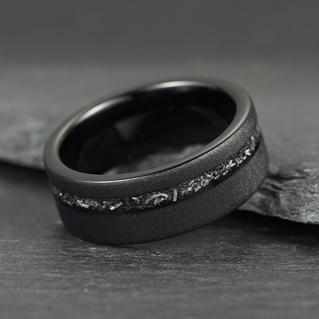 Men’s Tungsten Wedding Ring - Smooth Black With Crushed Meteorite Inlay - 8mm