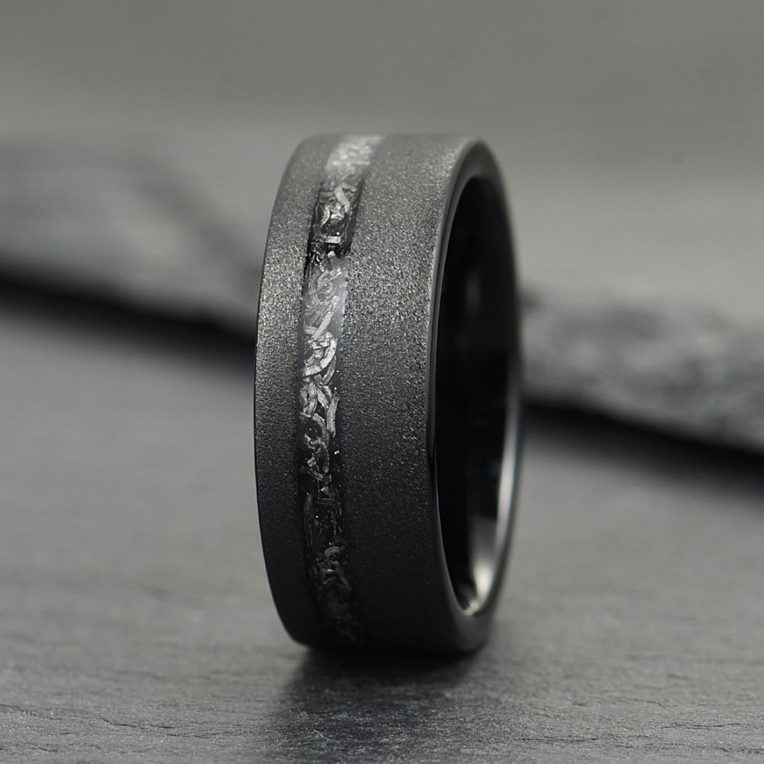 Men’s Tungsten Wedding Ring - Smooth Black With Crushed Meteorite Inlay - 8mm