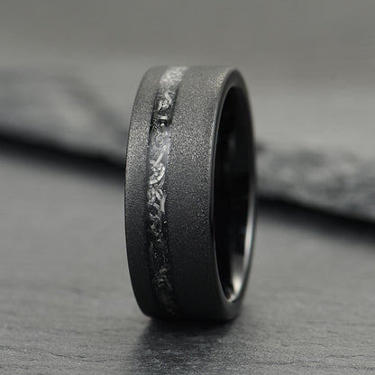 The Eclipse – Black Smooth Tungsten Ring With Crushed Meteorite Inlay (8mm)