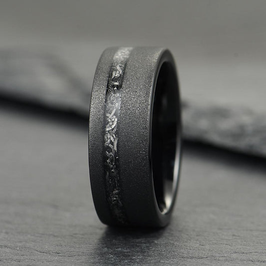 The Eclipse – Black Smooth Tungsten Ring With Crushed Meteorite Inlay (8mm)