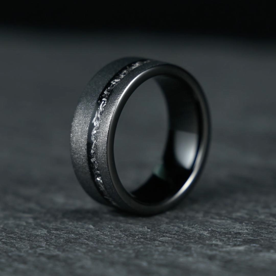 Men’s Tungsten Wedding Ring - Smooth Black With Crushed Meteorite Inlay - 8mm