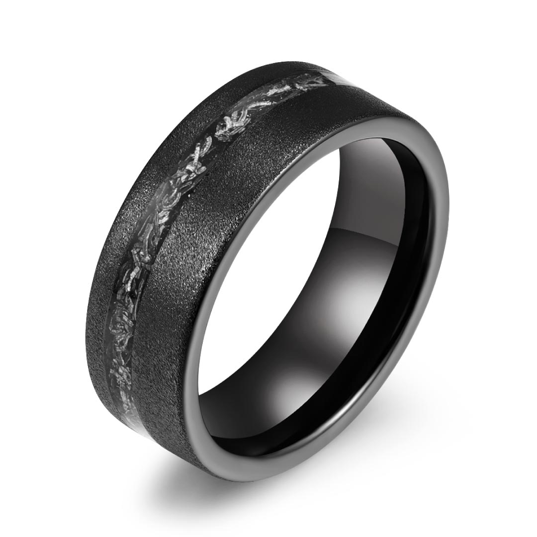 Men’s Tungsten Wedding Ring - Smooth Black With Crushed Meteorite Inlay - 8mm