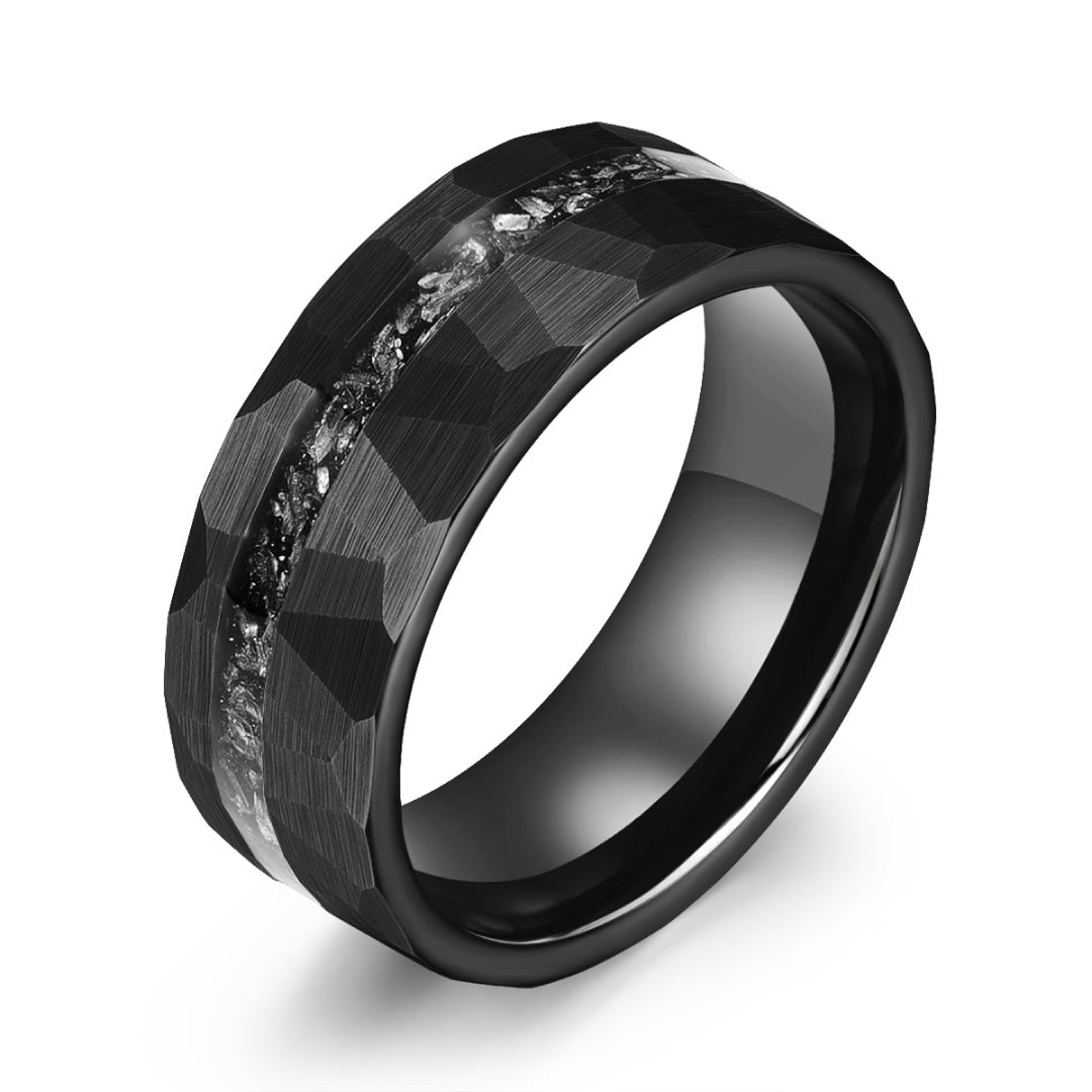 Men’s Tungsten Wedding Ring - Black Hammered & Brushed With Crushed Meteorite Inlay - 8mm