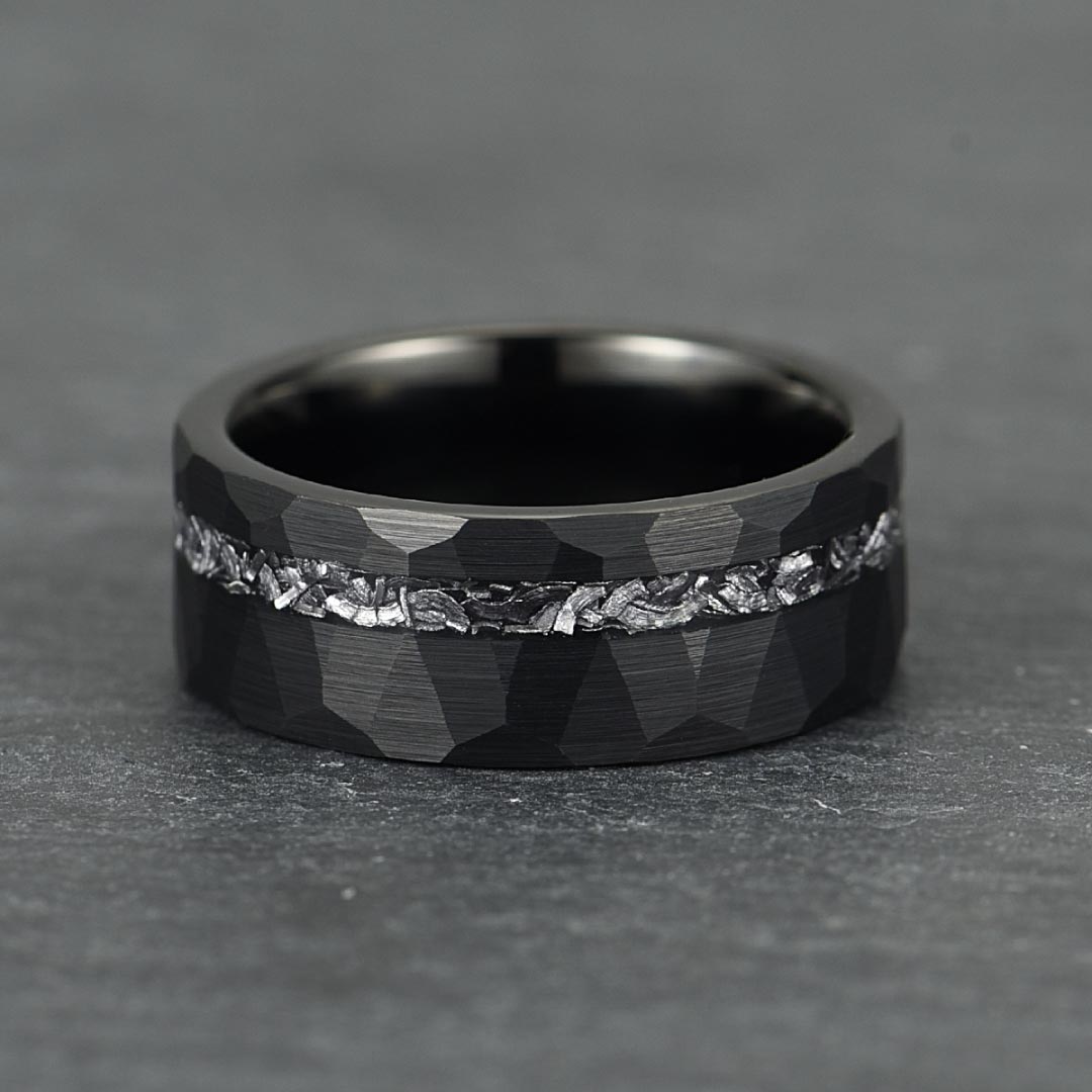 Men’s Tungsten Wedding Ring - Black Hammered & Brushed With Crushed Meteorite Inlay - 8mm