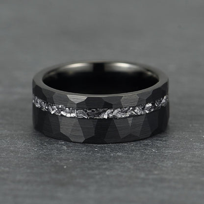 The Nebula – Black Hammered Tungsten Ring With Crushed Meteorite Inlay (8mm)