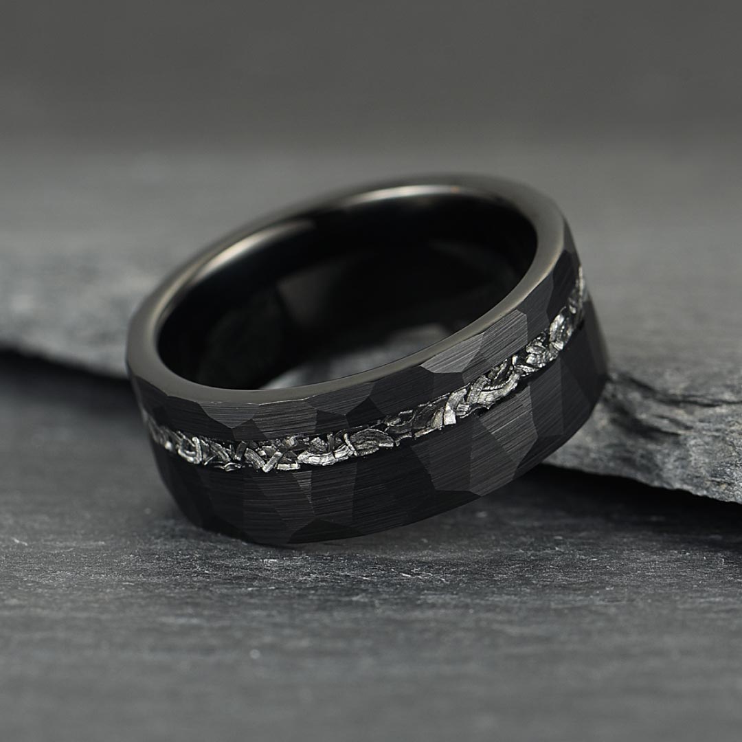 Men’s Tungsten Wedding Ring - Black Hammered & Brushed With Crushed Meteorite Inlay - 8mm