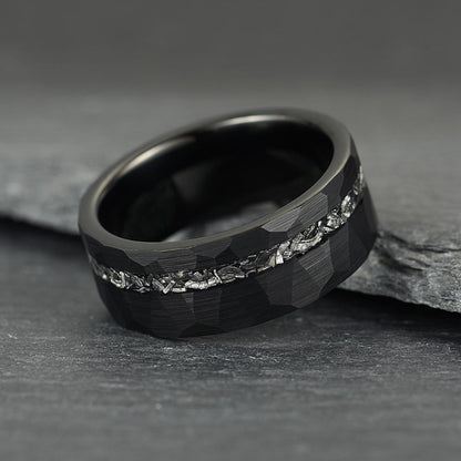 The Nebula – Black Hammered Tungsten Ring With Crushed Meteorite Inlay (8mm)