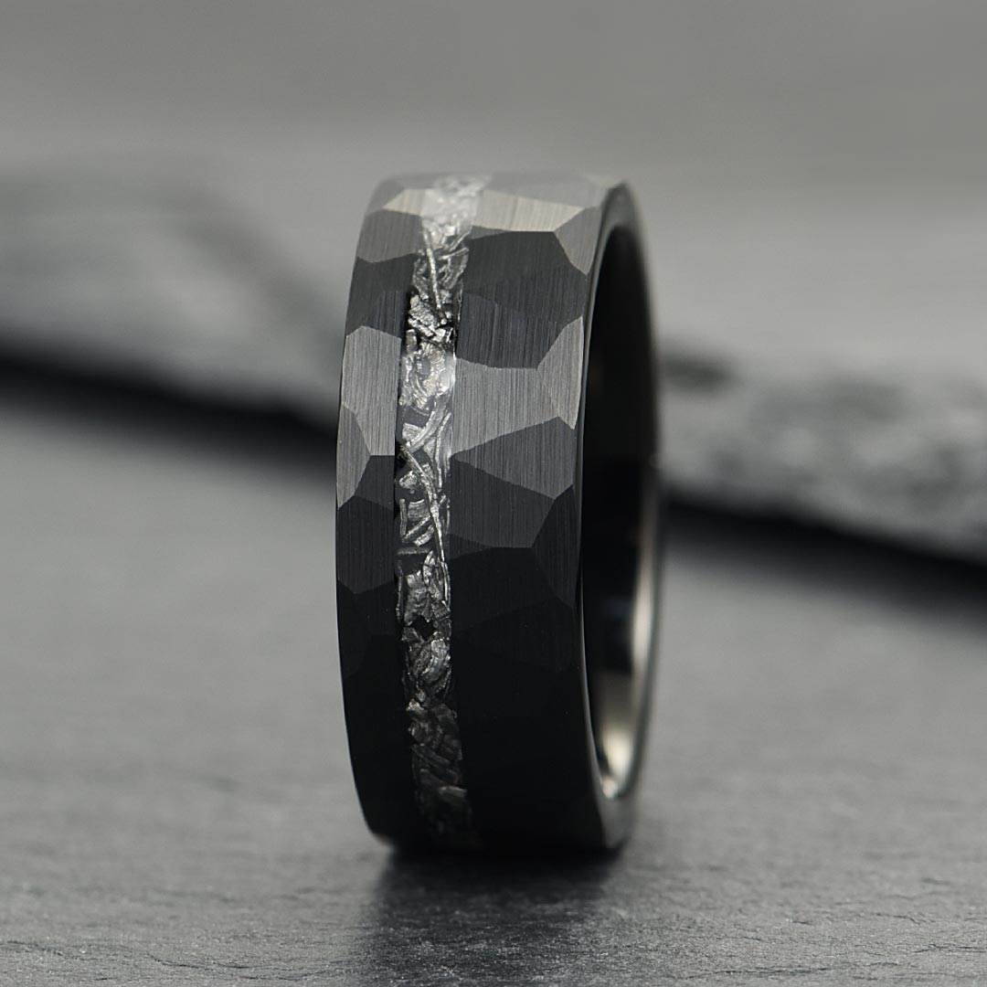 Men’s Tungsten Wedding Ring - Black Hammered & Brushed With Crushed Meteorite Inlay - 8mm