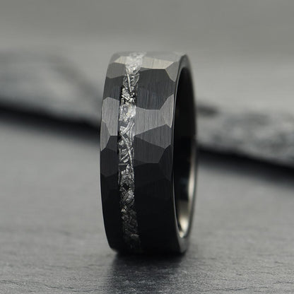 The Nebula – Black Hammered Tungsten Ring With Crushed Meteorite Inlay (8mm)